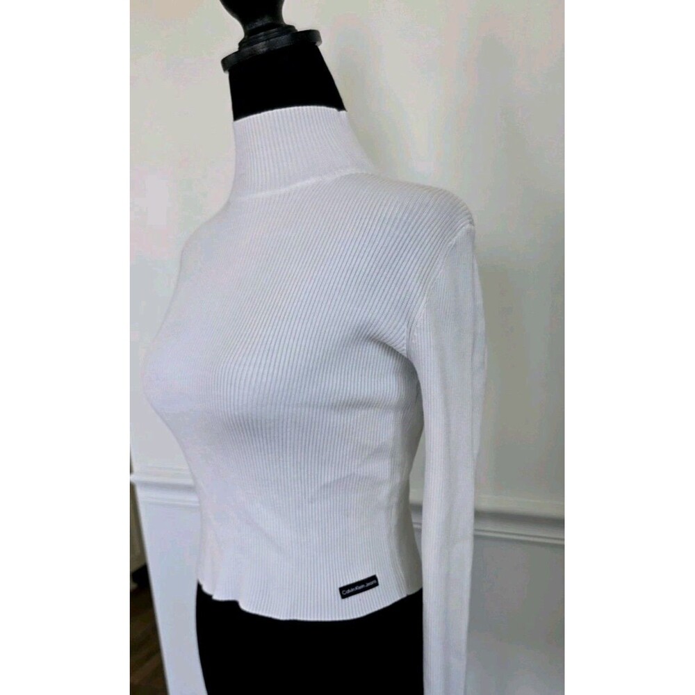 Calvin Klein Jeans White Ribbed Mock Neck Sweater XS Soft Stretch Cropped